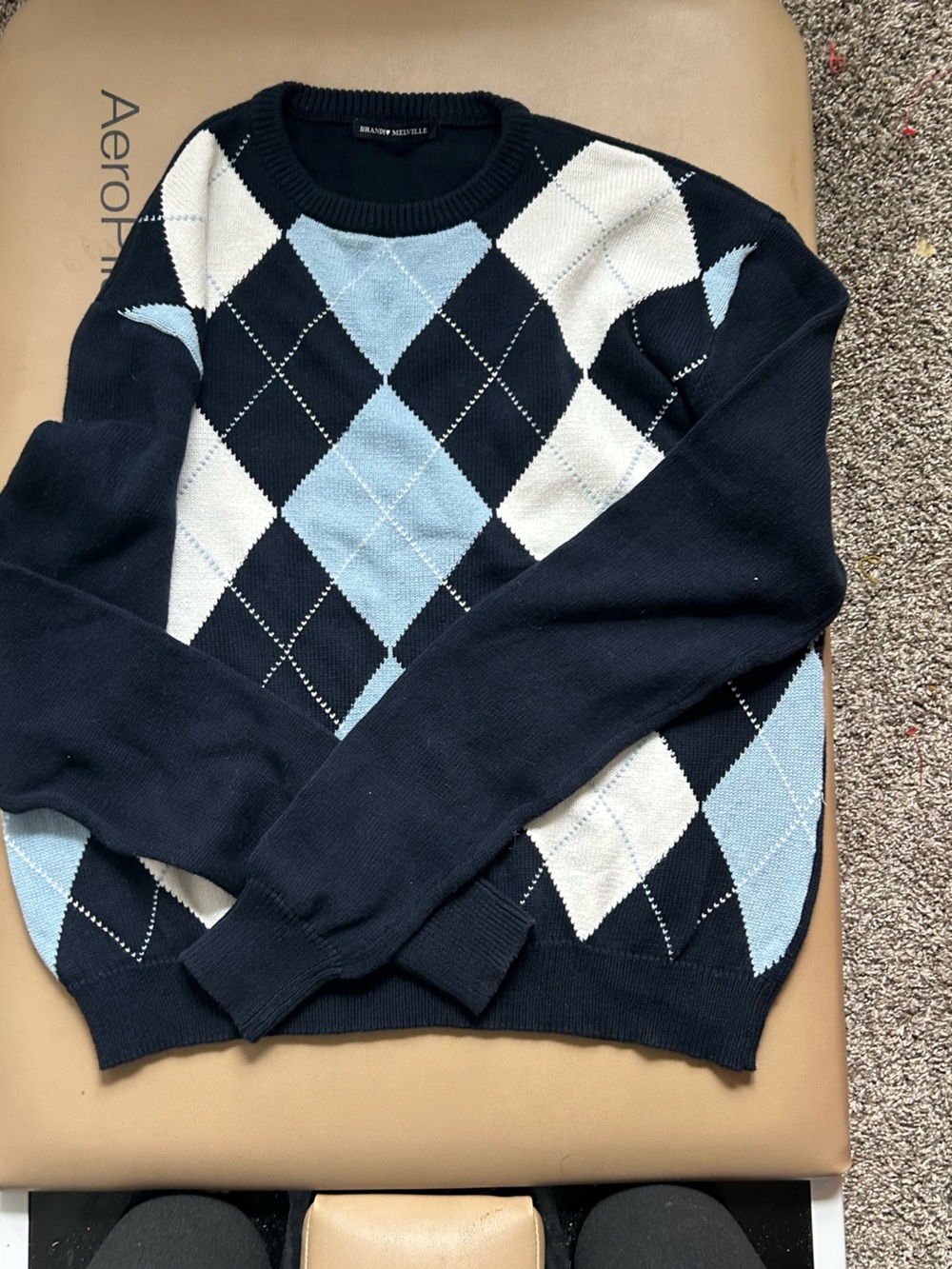Brandy Melville Navy, Light Blue & White Argyle Crewneck Sweater